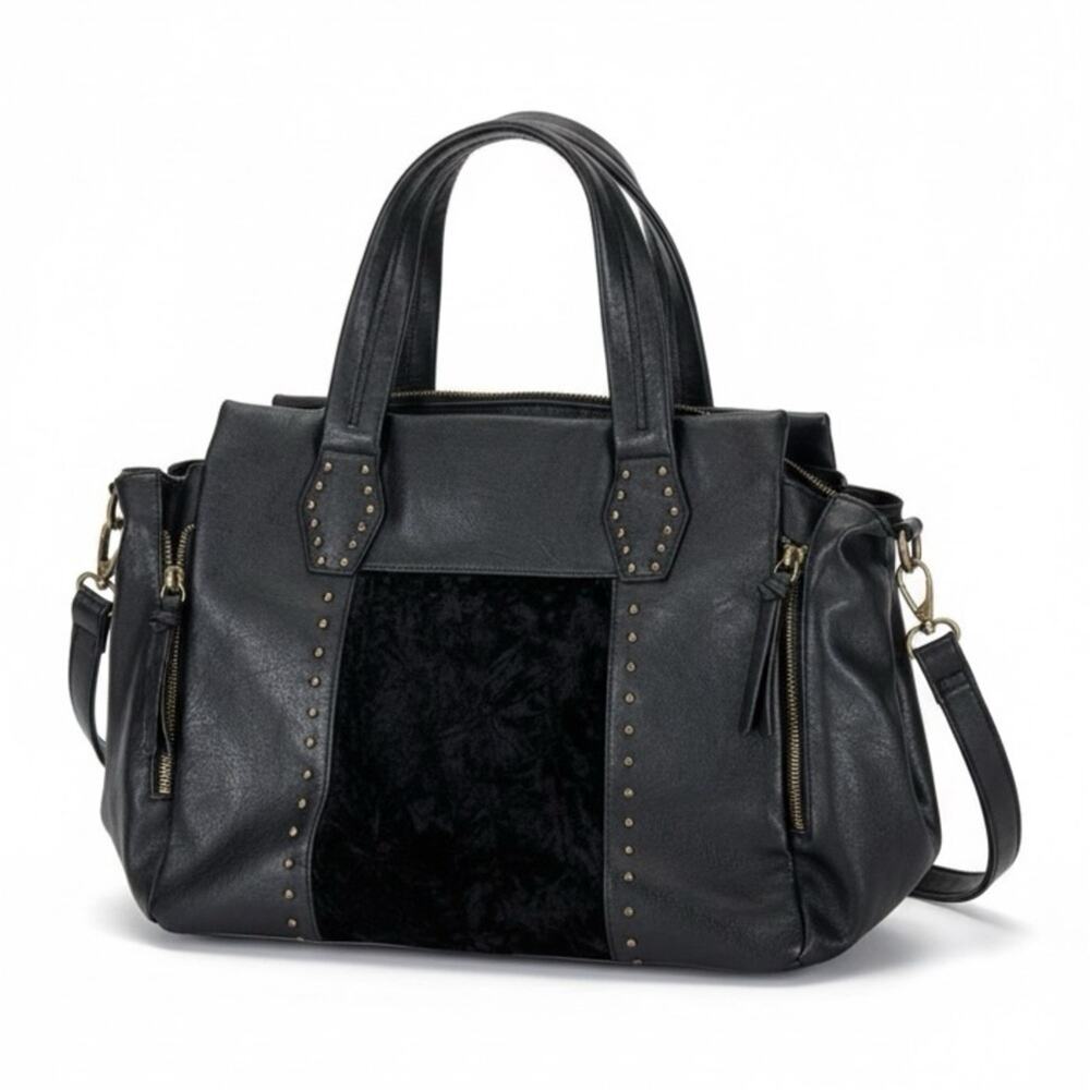 Dolce Vita Satchel Bag Womens Black Faux Leather Velvet Panel Studded Shoulder